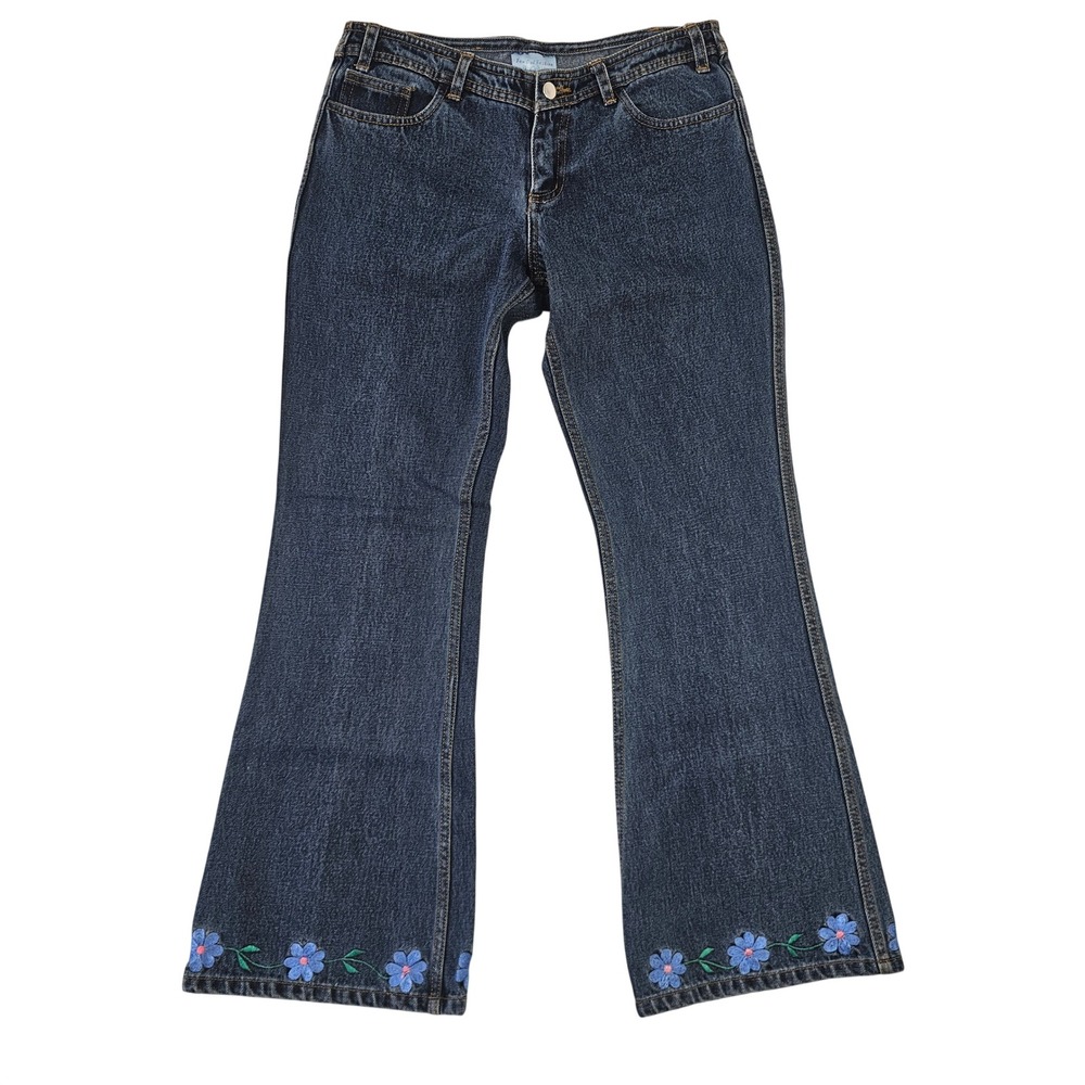 Far Out Fashion Embroidered Floral Flare Jeans Dark Wash Blue Denim Size 32